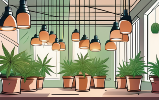 An indoor setting with cannabis plants growing in pots and lamps hanging above them