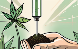 A two-week-old hemp seedling being carefully nurtured with a dropper