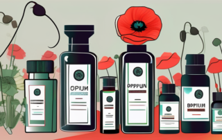 A german pharmacy with a variety of prescription bottles and poppy flowers (from which opium is derived) in the background
