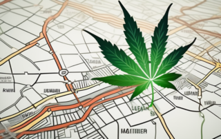 A cannabis leaf superimposed on the map of north rhine-westphalia