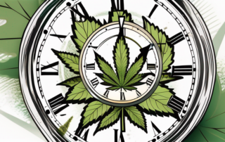 A cannabis leaf surrounded by a clock