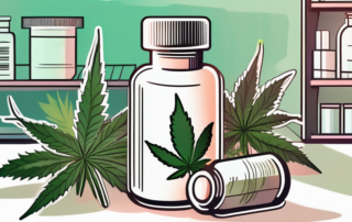 A prescription bottle with cannabis flowers spilling out of it