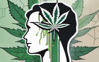 A cannabis leaf juxtaposed with a shattered mind symbolized by a fragmented brain