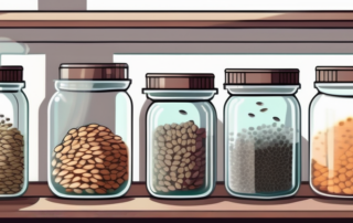 Various types of seeds stored in glass jars on a shelf