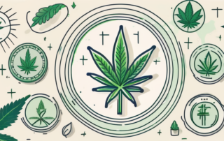 A cannabis leaf surrounded by various symbols representing health