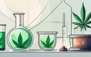 A cannabis leaf next to a scientific glassware set