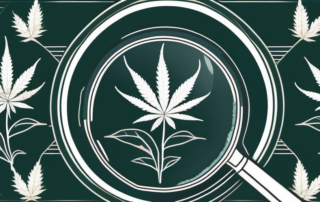 A cannabis plant with a magnifying glass focusing on its trichomes
