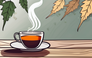 A steaming cup of tea with scattered cannabis leaves around it