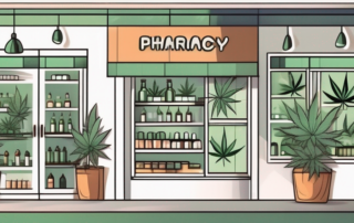 A pharmacy storefront with a cannabis plant in the window and price tags hanging from the branches