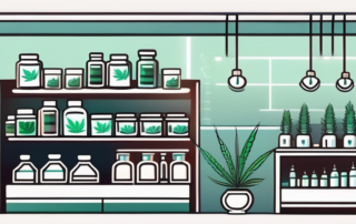A pharmacy interior with shelves filled with various medicinal items