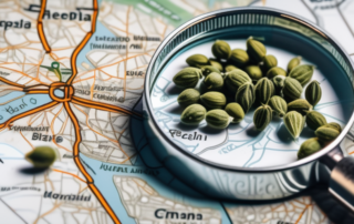 A variety of cannabis seeds scattered on a map of czech republic