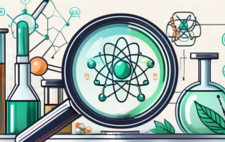A magnifying glass examining a cbd molecule structure
