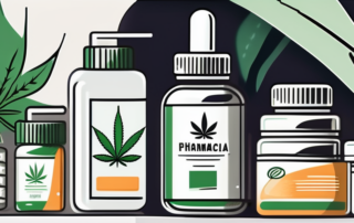 A pharmacy counter with various cannabis products such as oils