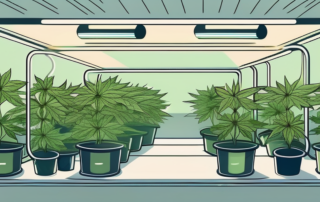 A healthy cannabis plant in a well-organized indoor growing setup