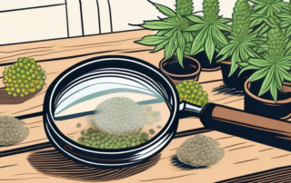A variety of cannabis seeds scattered on a wooden table with a magnifying glass focusing on one seed