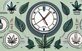 A cannabis leaf surrounded by symbolic imagery of common side effects such as smoke