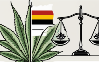 A scale of justice with a cannabis leaf on one side and the german flag on the other