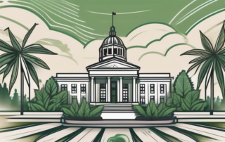 A cannabis plant growing in a well-tended garden with a courthouse or government building in the background to represent legalization