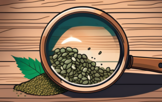Different types of marijuana seeds scattered on a wooden table with a magnifying glass