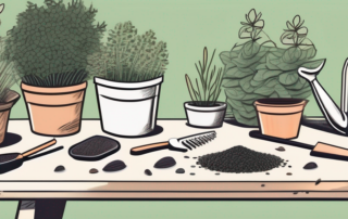 Various types of seeds and gardening tools scattered on a table