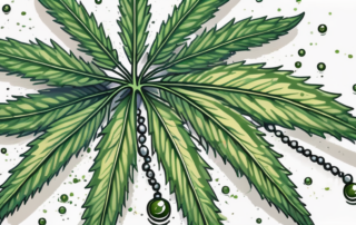 A cannabis leaf with beads of sweat dripping from it