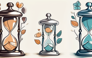 An hourglass with different life stages represented by various symbols like a baby's pacifier