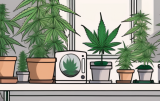 A small indoor garden setup with various stages of cannabis plants growing