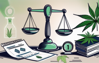 A balanced scale with legal documents on one side and a cannabis leaf on the other
