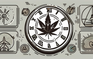 A marijuana leaf surrounded by various symbols indicating common side effects such as a clock to represent altered sense of time