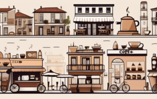A scenic view of porto with various iconic coffee shops and a few coffee-related elements like coffee cups