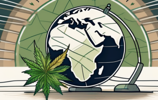 An oversized marijuana joint resting on a world globe
