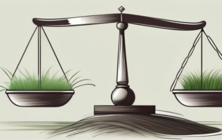 A scale balancing a small pile of grass on one side and a legal gavel on the other side