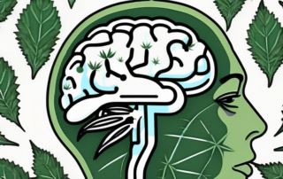 A human brain surrounded by cannabis leaves and cbd molecules