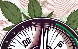A heart racing on a speedometer with cannabis leaves in the background