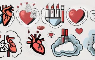A pile of cigarettes surrounded by various symbols of health issues