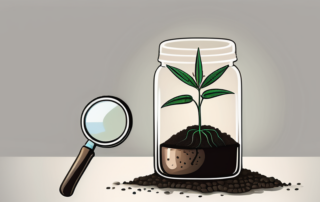 A germinating hemp seed sprouting from a pot of soil