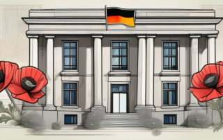 A german federal building with poppy flowers (opium) growing around it