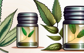A couple of hemp capsules surrounded by hemp leaves