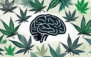 A brain with various cannabis leaves floating around it