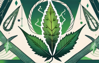 A cannabis leaf intertwined with symbolic elements of cancer