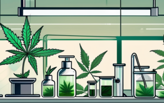 A cannabis plant in a medicinal laboratory setting with scientific equipment like microscopes and test tubes