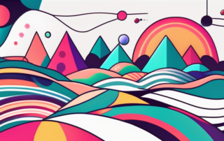 A psychedelic landscape with vibrant colors and abstract shapes