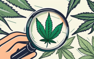 A cannabis leaf with a magnifying glass focusing on it