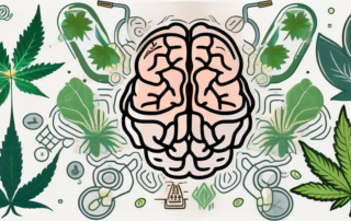 A cannabis leaf surrounded by various symbols representing health effects such as a brain