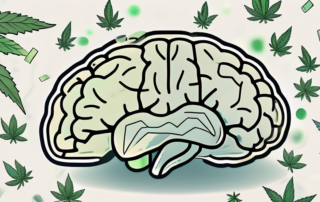 A brain with symbolic elements of cannabis leaves and adhd-related symbols like scattered puzzle pieces