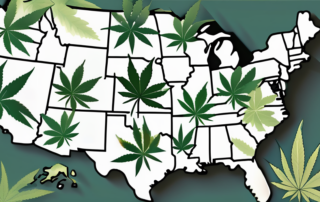 A map of the united states with cannabis leaves growing out of it