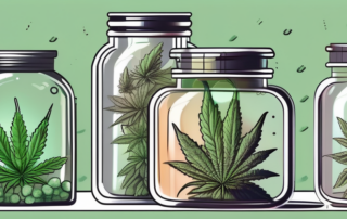 A variety of cannabis flowers in a medical jar with a price tag attached