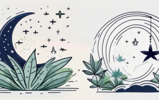 A cannabis plant next to a moon and stars