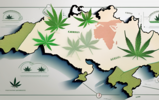 A trail of cannabis seeds leading from a map of austria to germany