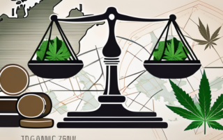 A balanced scale with cannabis leaves on one side and a gavel on the other